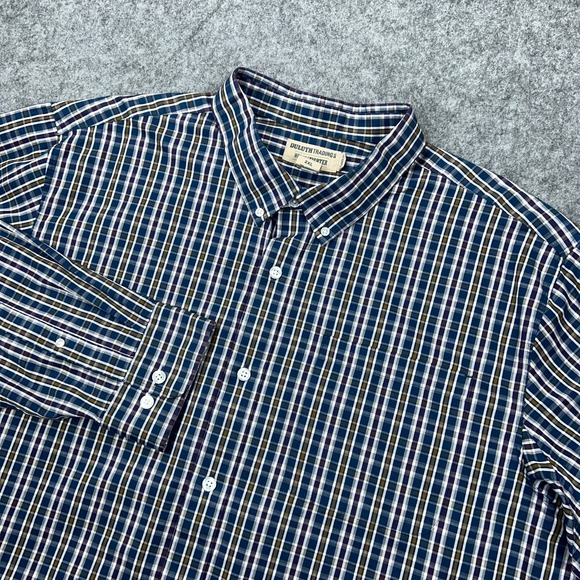 Duluth Trading Shirt Mens 2XL Blue Plaid Wrinkle Fighter Relaxed Fit Button Down - Picture 1 of 12